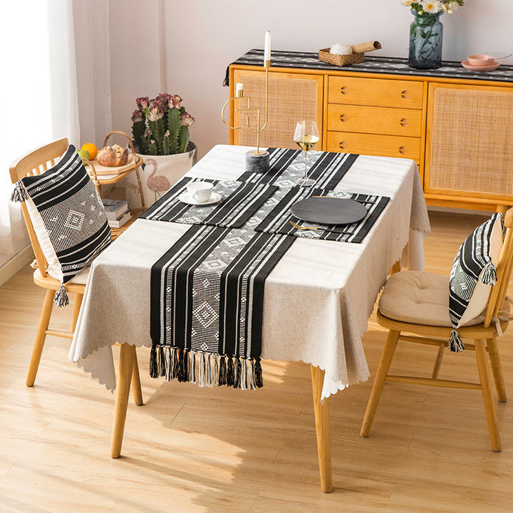 Handwoven table runner made of cotton blend with fringes and geometric dot jacquard Stornfield
