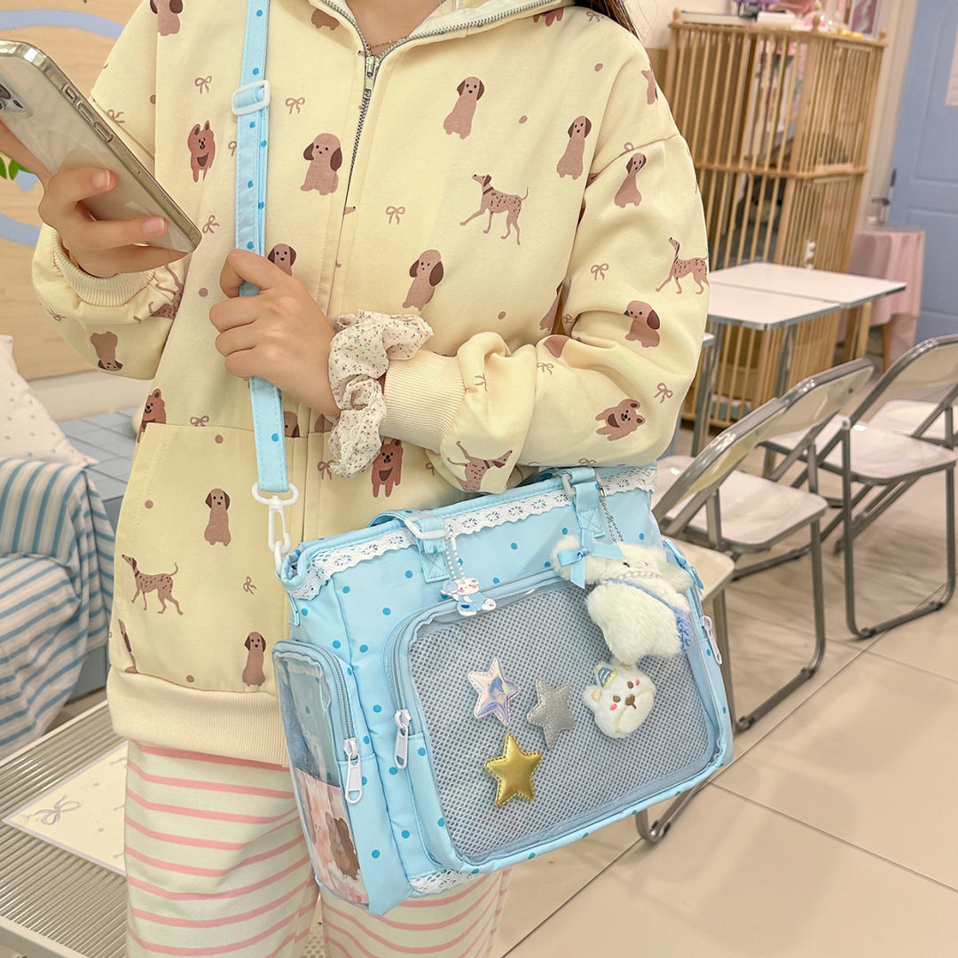 Handbag with Transparent Compartment Division and Playful Application Design Stornfield