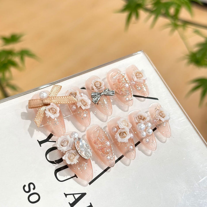 Elegant Decorative Press-On Nail Art Set with Floral Accents
