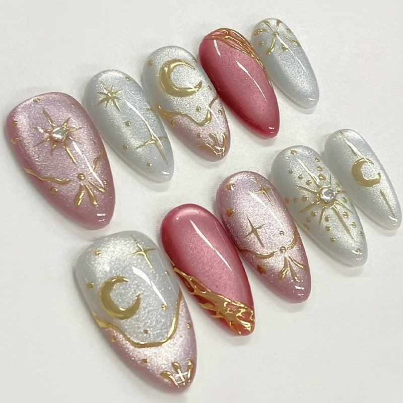 Decorative Press-On Nail Art Set with Celestial and Metallic Accents Stornfield