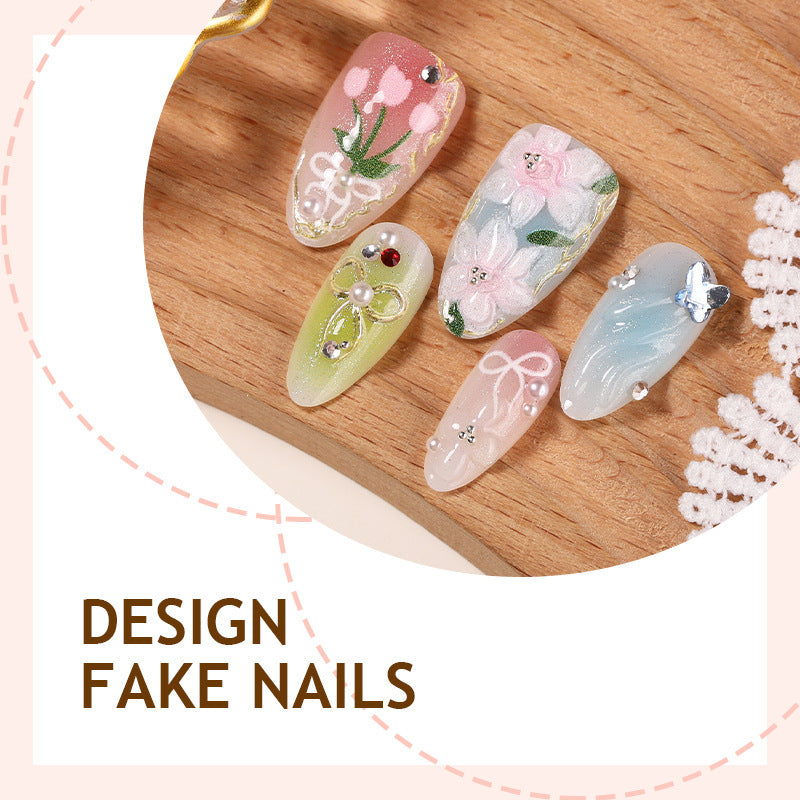 Acrylic nail set with handcrafted floral designs and glitter accents Stornfield