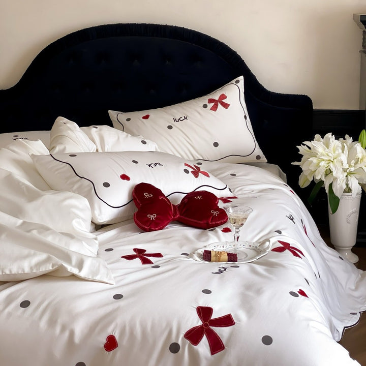 Decorative Cotton-Sateen Duvet Cover Set with Embroidered Bow & Polka Dot Motif