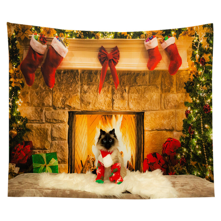 Lightweight Polyester Christmas Fireplace Scene Wall Tapestry Home Decor