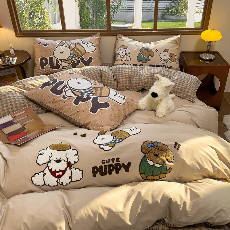 Cartoon Puppy Embroidered Cotton Duvet Cover Bedding Set with Plaid Accents