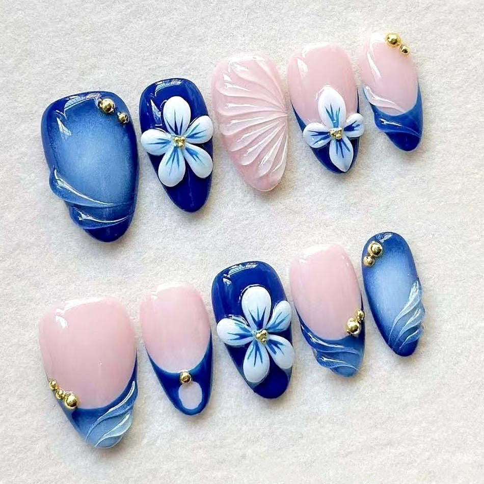 Artistic Press-On Nail Set with Floral and Jewel Accents