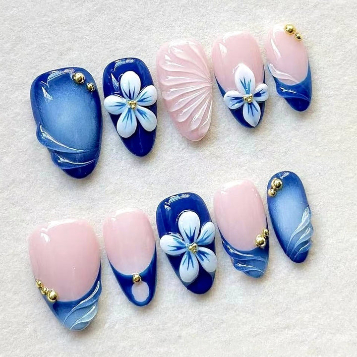 Artistic Press-On Nail Set with Floral and Jewel Accents
