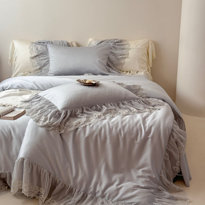 Luxury Satin Ruffled Pillowcase Set with Lace Trim