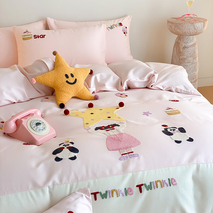 Embroidered Cotton Kids Duvet Cover Set with Appliqué Twinkle Motif and Pillow Shams
