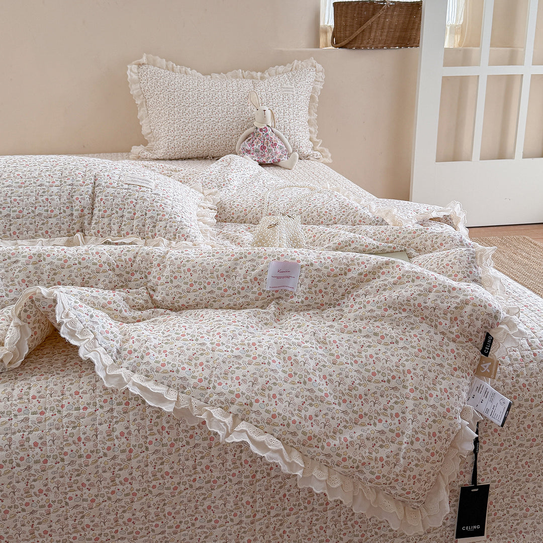 Quilted Floral Ruffled Bedding Set with Eyelet Lace Trim