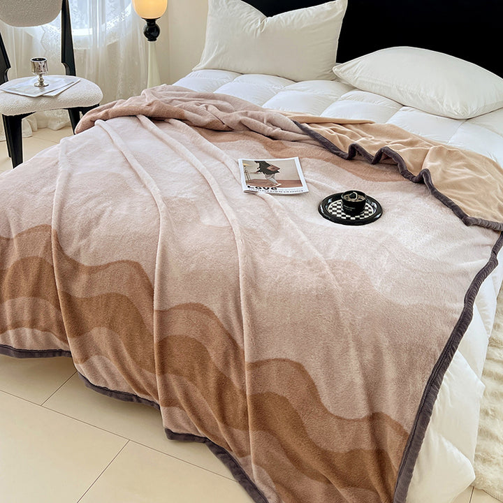 Extra soft microfiber living room blanket with wave pattern and velvet piping
