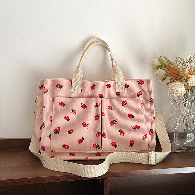 WoStylish Multi-Pocket Strawberry Print Canvas Tote Bag Stornfield
