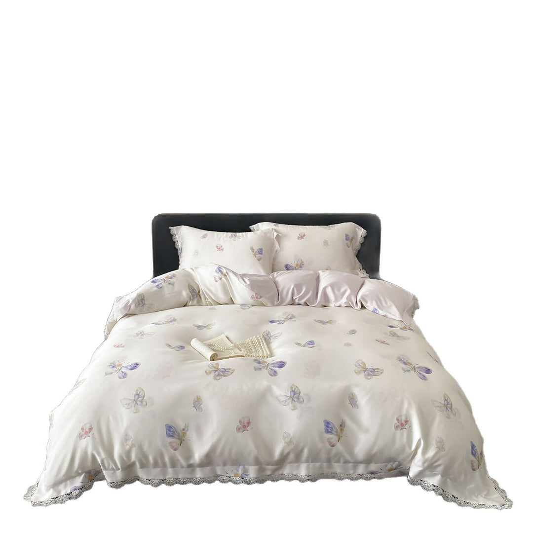 Luxury Satin Bed Linen Set with Floral Silk Look and Lace Trim
