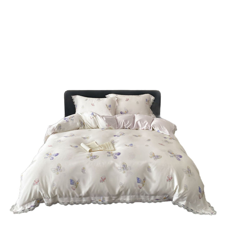 Luxury Satin Bed Linen Set with Floral Silk Look and Lace Trim