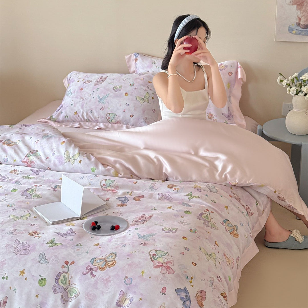Silky Satin-Feel Reversible Butterfly Print Duvet Cover Set with Satin-Trim