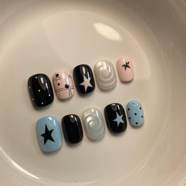 Decorative Press-On Nail Art Set with Star and Swirl Designs