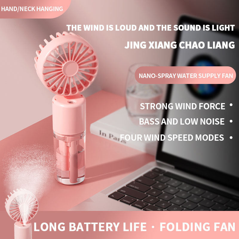 Cooling compact rechargeable folding misting handheld fan with transparent water reservoir detachable base and four speed brushless motor Stornfield
