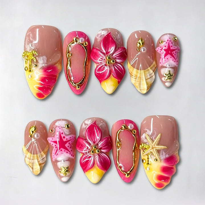 Artificial nail set with floral patterns and luxurious decorations Stornfield