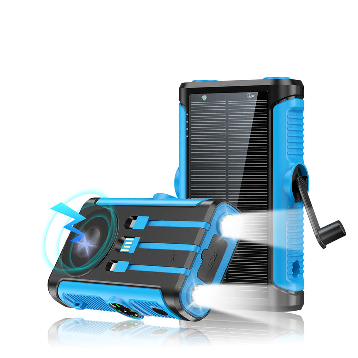 Portable solar battery with integrated hand crank charger Stornfield