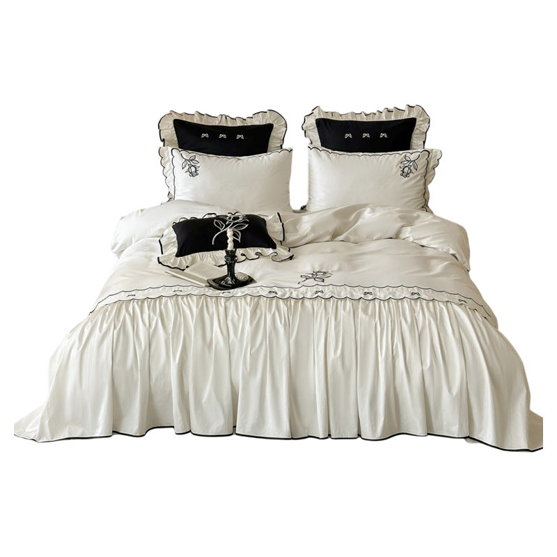 Ruffled Gathered Duvet Cover Set with Contrast Piped Edge & Decorative Embroidered Shams