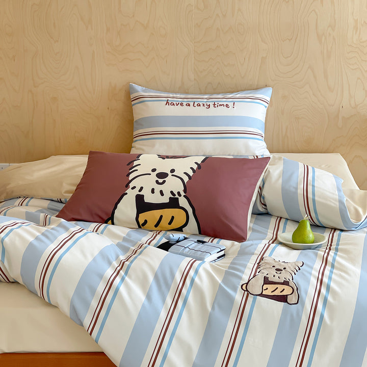 Playful Cartoon Appliqué Striped Cotton Duvet Cover Set