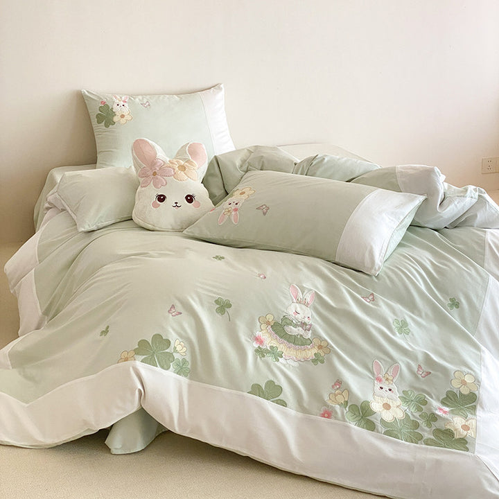 Embroidered Bunny Cotton Sateen Duvet Cover Set with Pillow Shams and Plush Accent Cushion