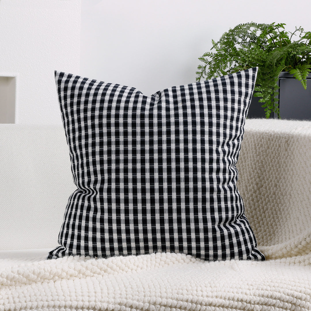 Gingham Check Cotton-Linen Square Throw Pillow Cover with Hidden Zipper
