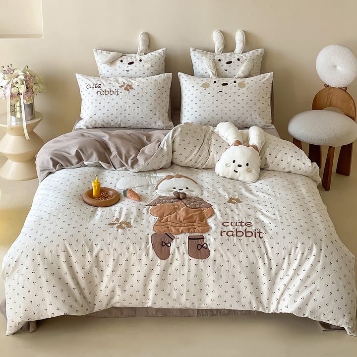 Children's Cotton Duvet Cover Set with 3D Rabbit Appliqué and Ear Pillow Shams