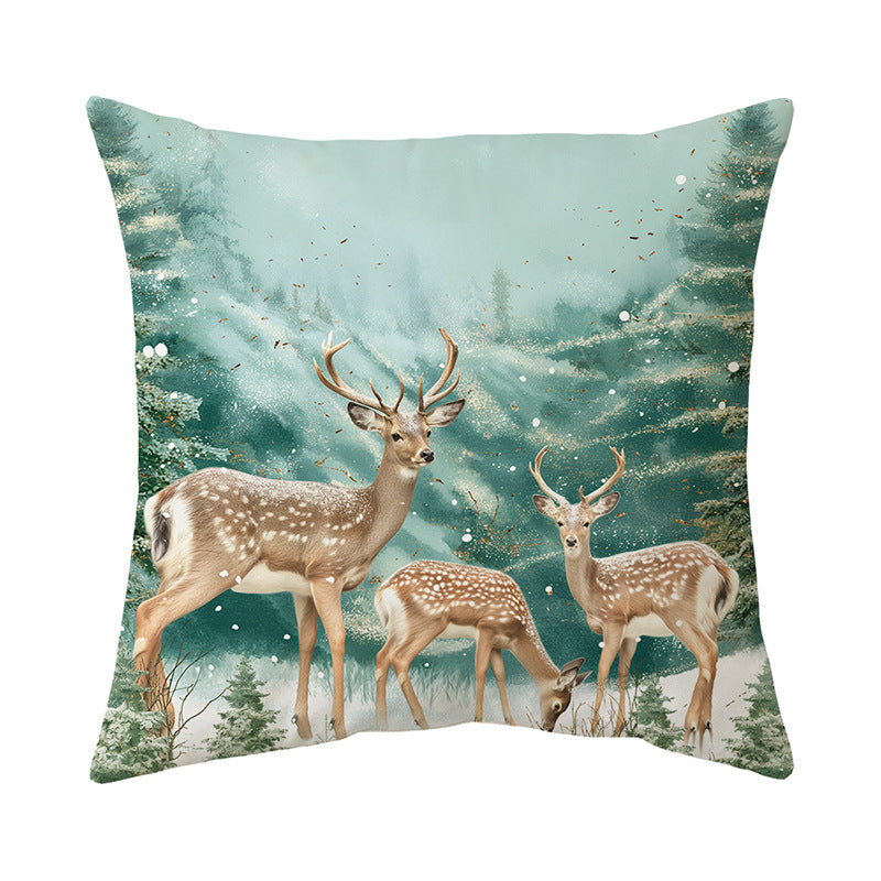 Decorative Linen-Texture Square Throw Pillow Cover with Winter Deer Forest Print