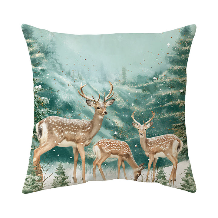 Decorative Linen-Texture Square Throw Pillow Cover with Winter Deer Forest Print