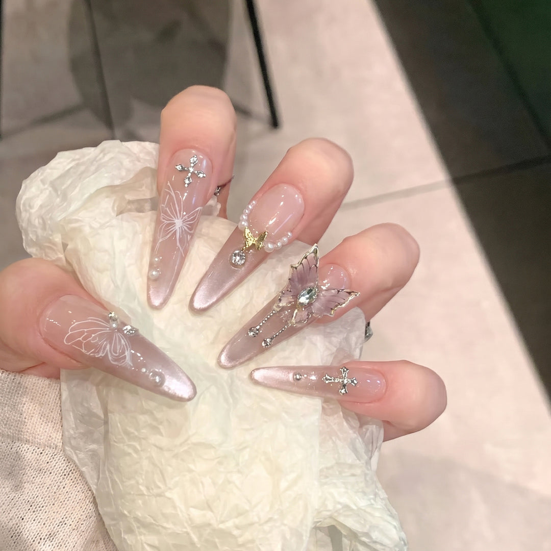 Artistic Stiletto Press-On Nail Design Set with Butterfly and Gemstone Accents Stornfield