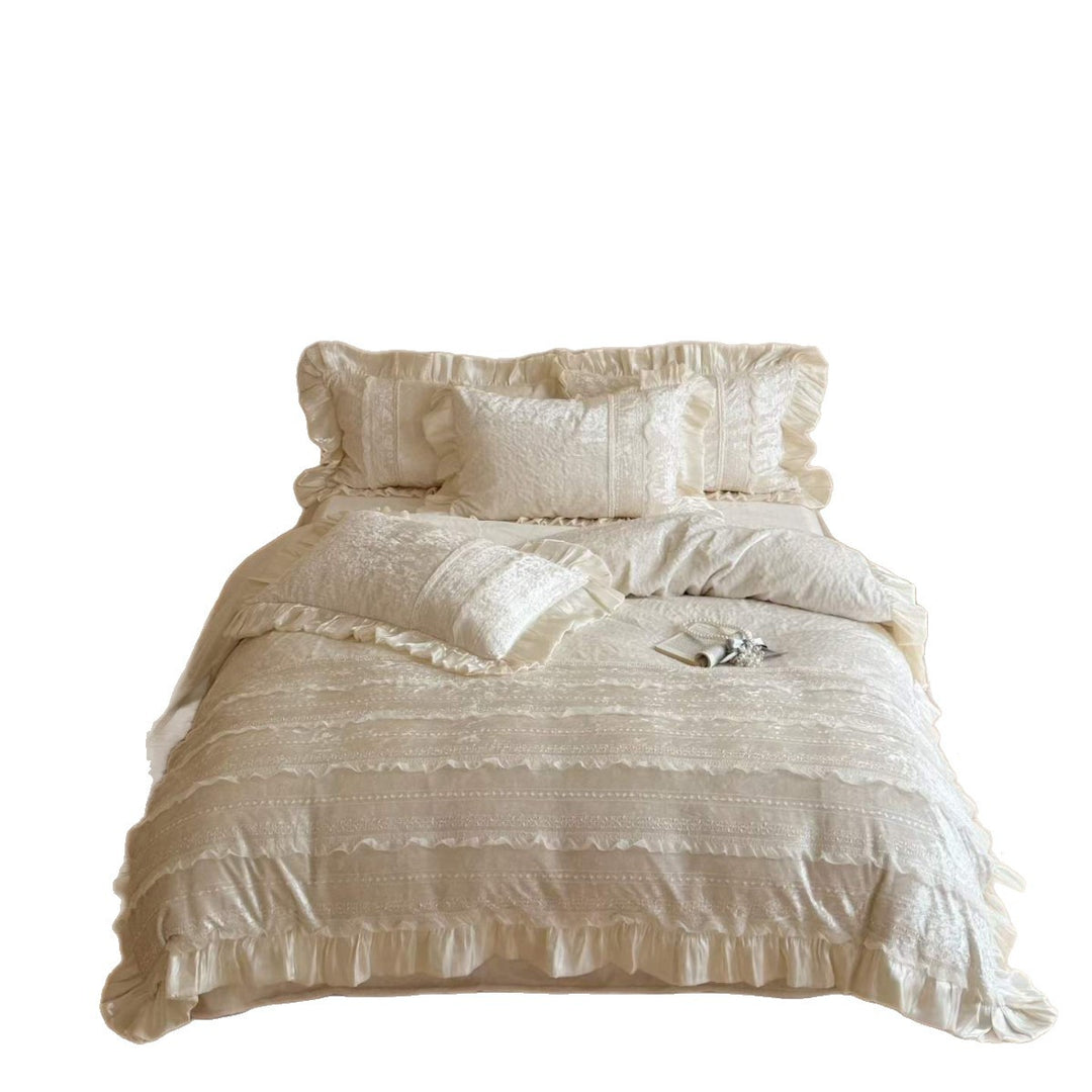 Ruffled Velvet Jacquard Duvet Cover and Pillow Sham Set with Satin Trim
