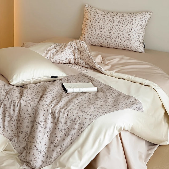 Reversible Floral Cotton-Blend Duvet Cover Set with Brushed Back & Corner Ties