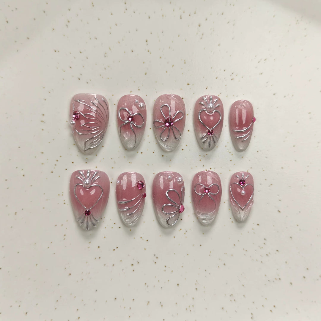Decorative Press-On Nails Set with Floral and Gem Accents