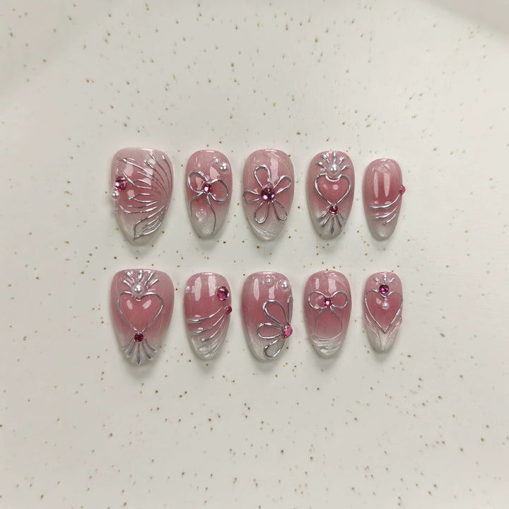 Decorative Press-On Nails Set with Floral and Gem Accents