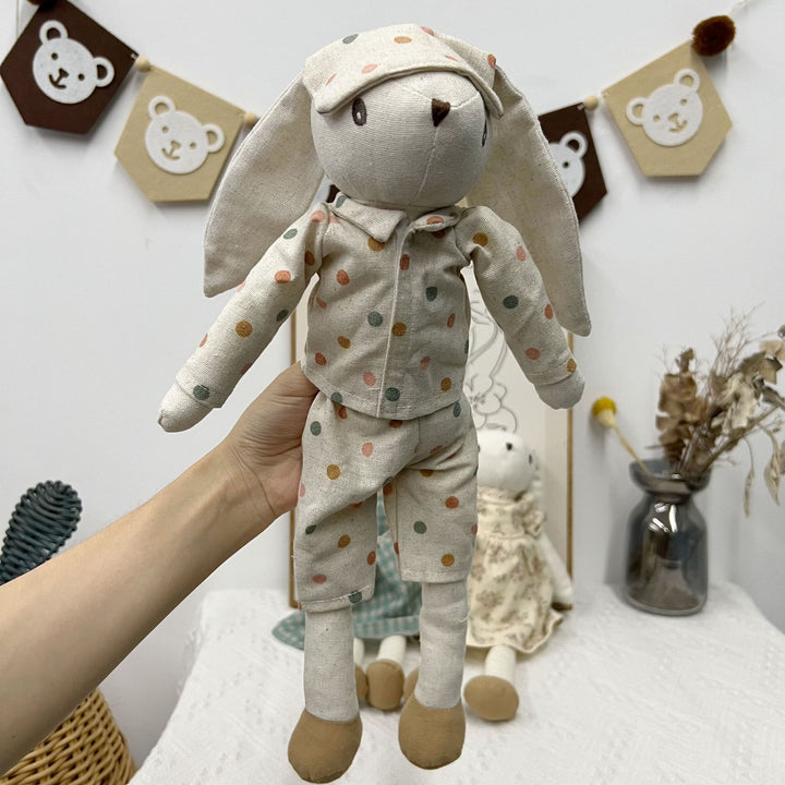 Handcrafted Linen Bunny Rag Doll with Long Ears and Gingham Dress