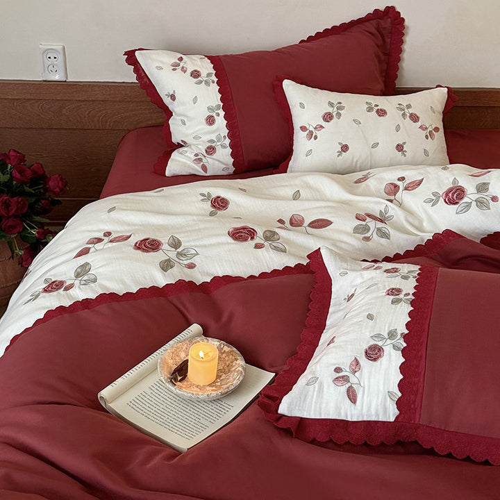 Embroidered Floral Reversible Duvet Cover Set with Ruffled Edge