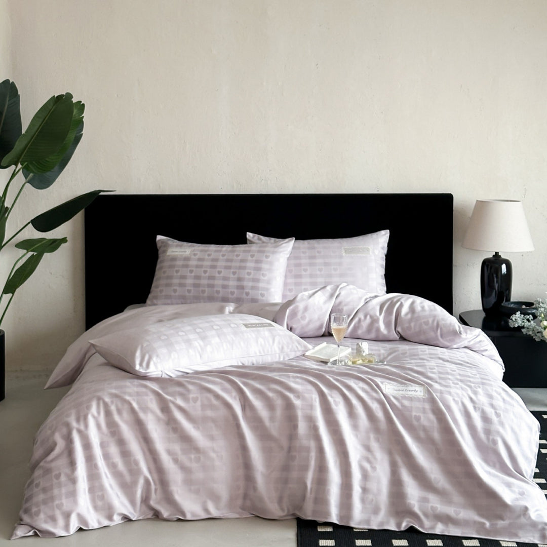 Premium cotton satin bedding set with jacquard check and heart motif