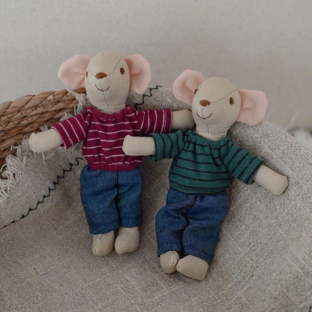 Handcrafted Linen Mouse Plush Doll with Striped Knit Shirt and Denim Pants