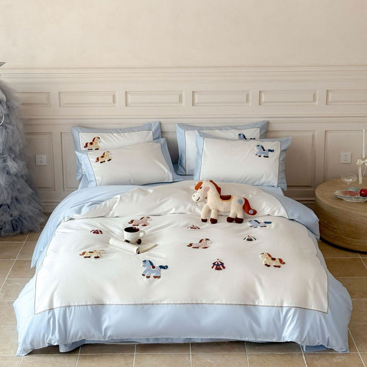 Embroidered Cotton Duvet Cover Set with Horse Appliqué