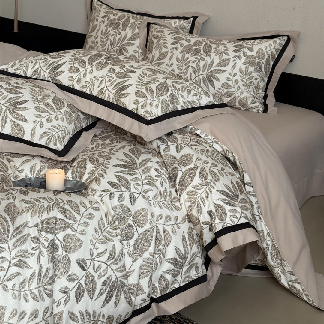 Botanical-Illustration Cotton Sateen Duvet Cover Set with Piped Border & Oxford Shams