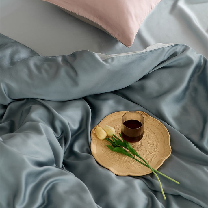 Reversible satin bedding set with a silky glossy feel and skin-friendly cotton blend