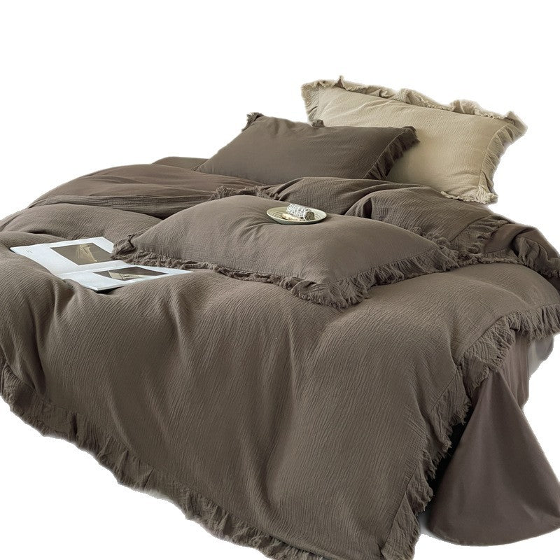 Washed Cotton Gauze Fringed Duvet Cover Set with Skirted Base & Textured Pillow Shams
