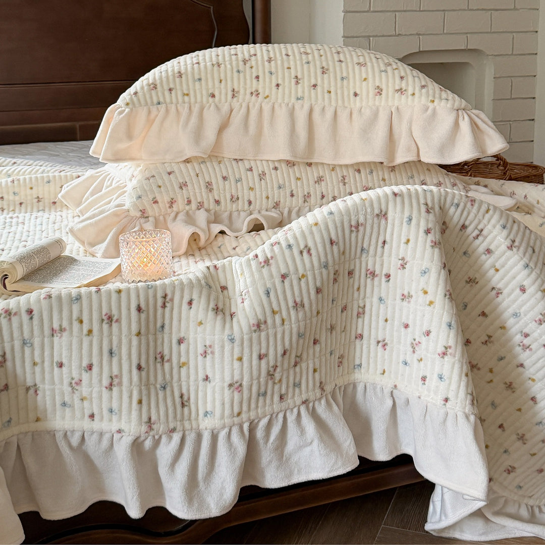 Floral Quilted Ruffled Duvet Cover Set with Gathered Pillow Shams