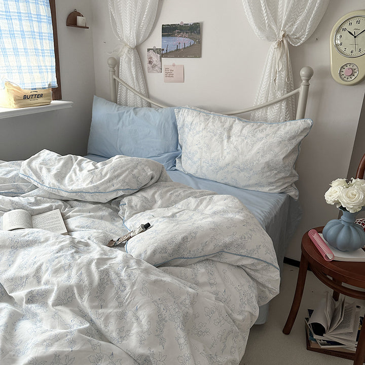 Cotton Floral Duvet Cover Bedding Set with Fitted Sheet and Pillowcases