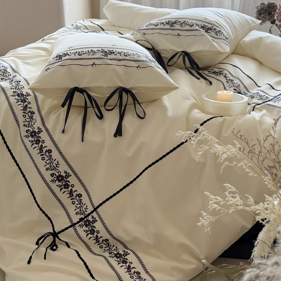 Embroidered Floral Border Cotton Sateen Duvet Cover Set with Pillow Shams and Bolster