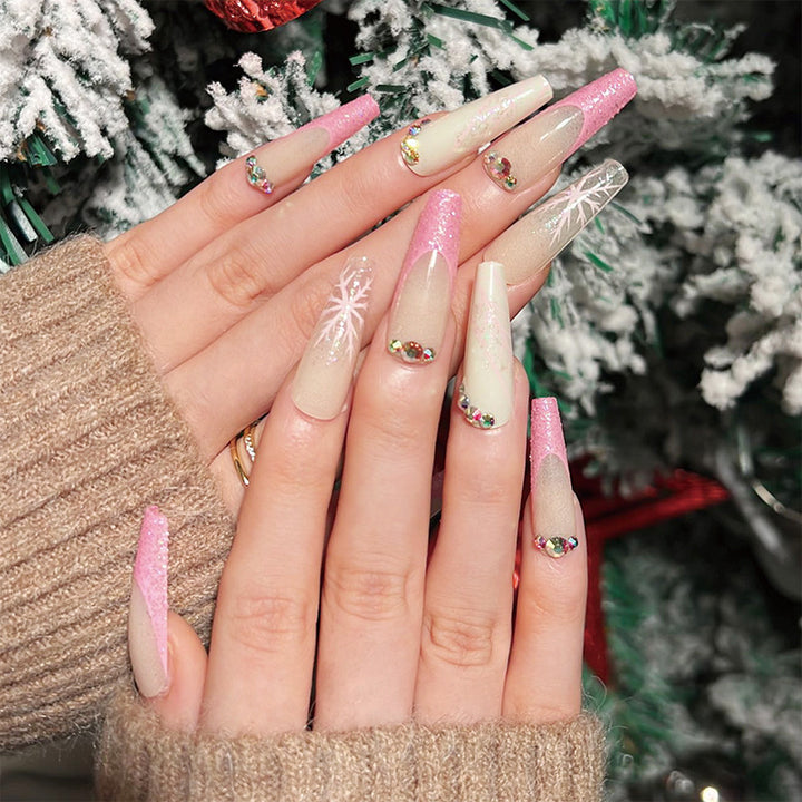Artistic stiletto nails with glitter and snowflake design Stornfield