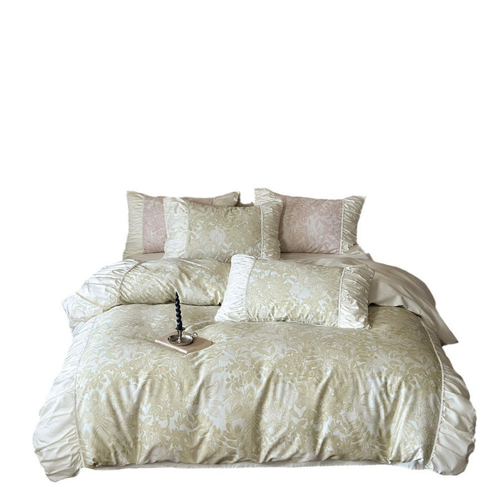 Luxurious jacquard bedding set with ruffled frill, satin trim, and decorative pillows