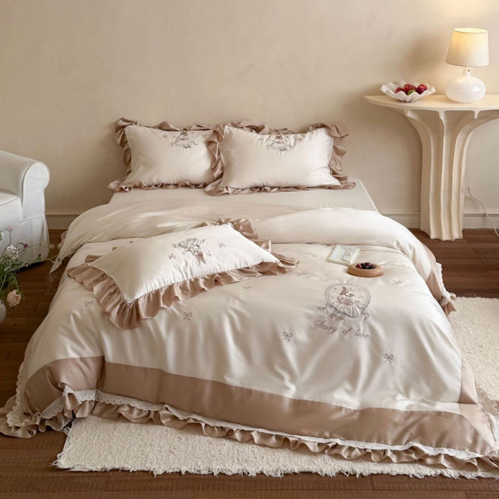 Ruffled Embroidered Satin-Trim Duvet Cover and Sham Bedding Set