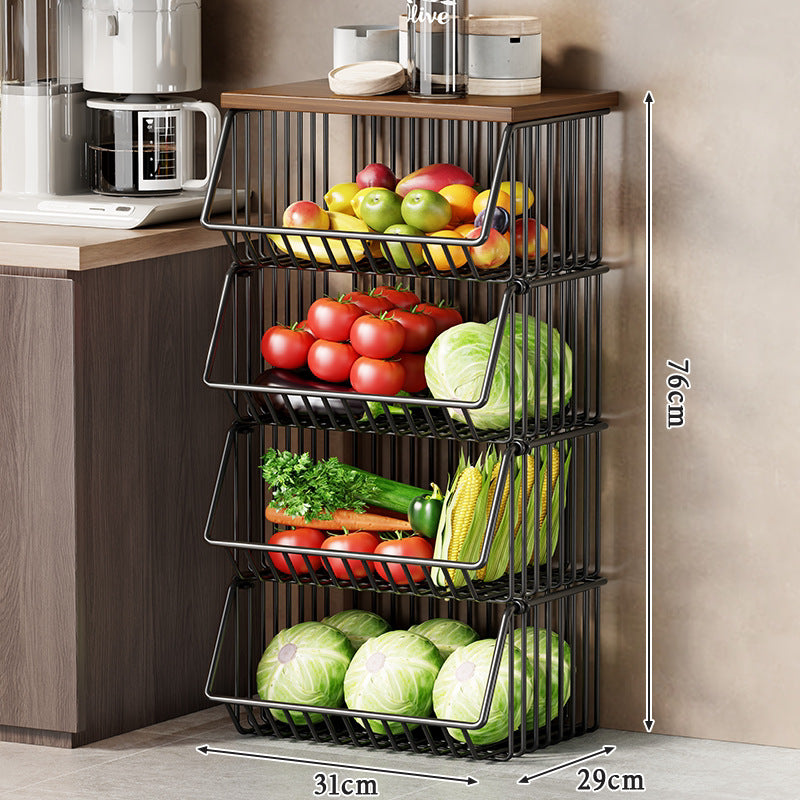 Slim Vertical Multi-Tier Fruit and Vegetable Storage Cart with Wood Top and Locking Casters