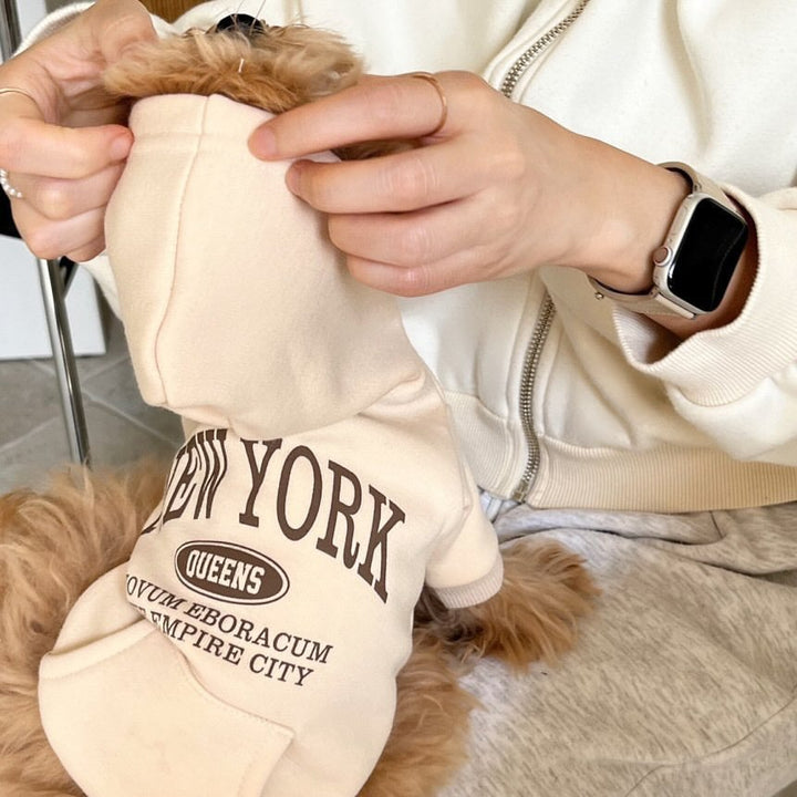 Small Dog Cotton Fleece Hoodie with Graphic New York Queens Print